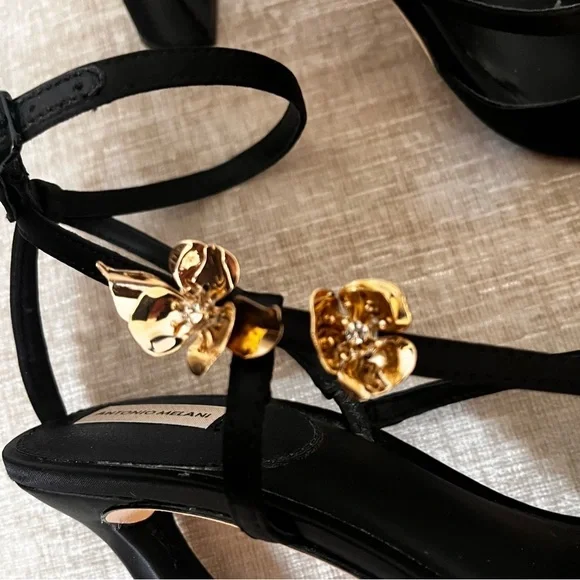 Antonio Melani Stain Black Gold Flower Dressy High Heel Sandals Shoes Evening 10 - Picture 7 of 12